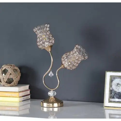 Rose Gold 2 Flower Horn Ornate Metal Table Lamp